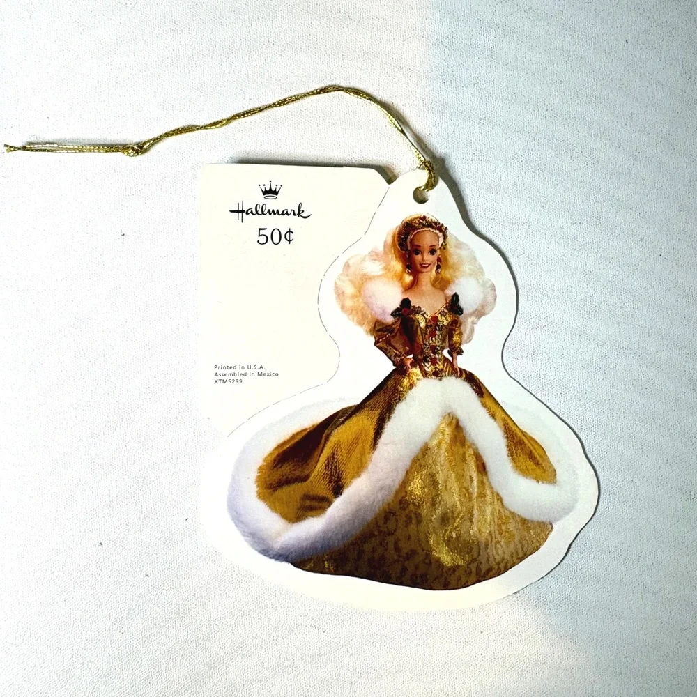 Vintage 1995 Hallmark Barbie Gift Tag Ornament 1994 Holiday Barbie Gold Gown